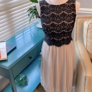 Black lace, gray pleated occasion dress